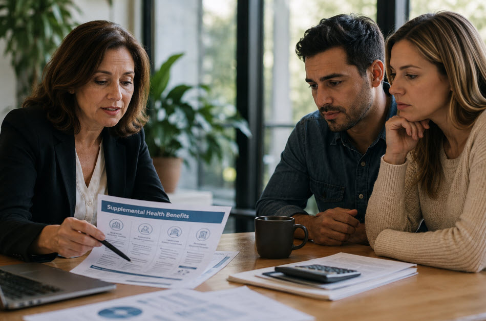 Benefits advisor explaining supplemental health benefits for high-deductible health plans to employees.