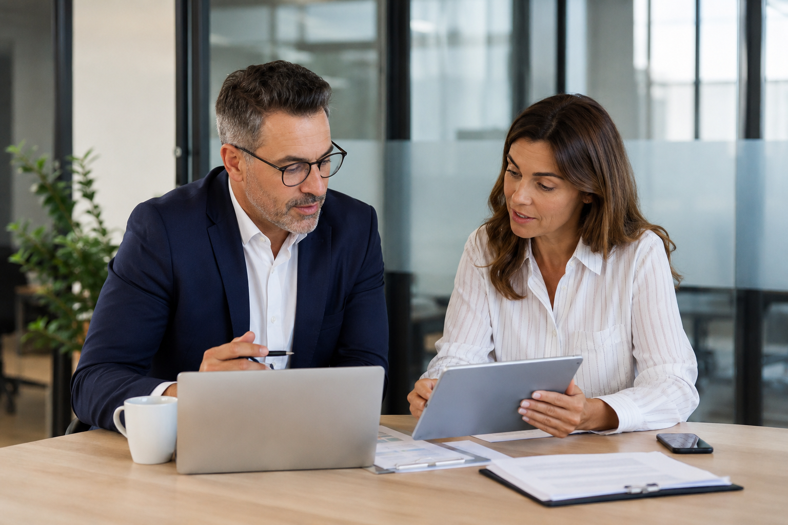 CFO and HR leader reviewing Section 125 employee benefits and plan documents in a modern office.