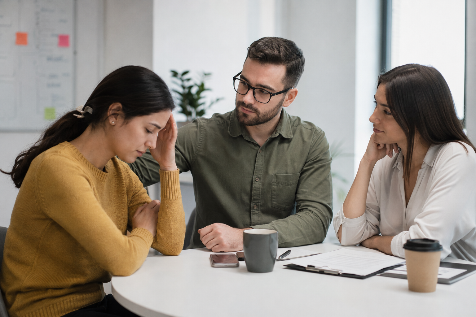 Coworkers supporting a stressed employee during a conversation in a modern office.