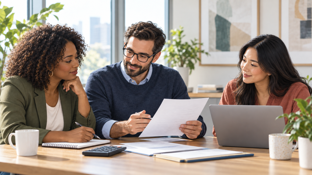 Three colleagues review paperwork at a conference table with a laptop, calculator and notebooks.