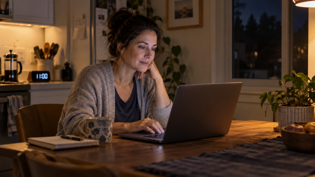 Woman using a laptop at her kitchen table at 11 p.m., taking a quiet moment to seek mental health support.